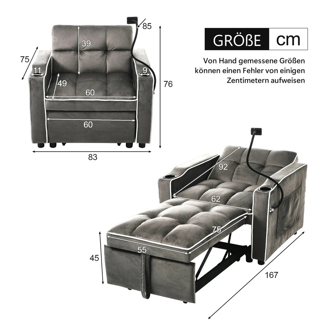 Fabric 3-in-1 Sofa Bed With Beverage Rack And Phone Holder And Recliner — Slate Gray | KIMLUD