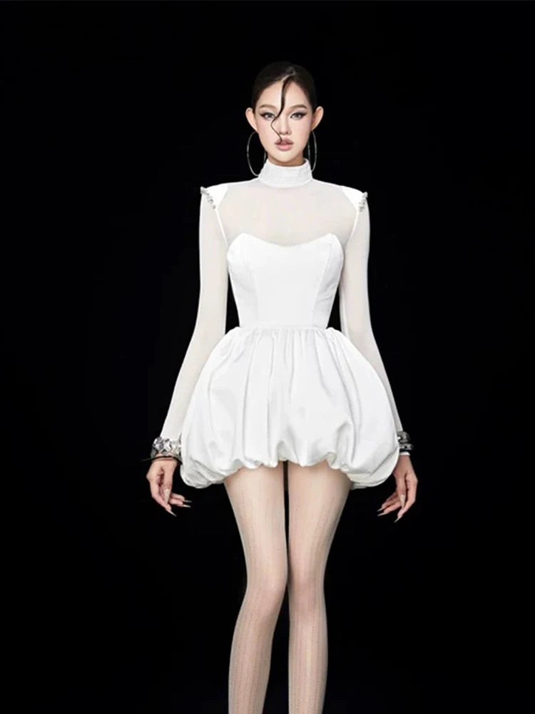 Polyester See-Through Dress With Waist Cinch For Evening Silhouette — White | KIMLUD