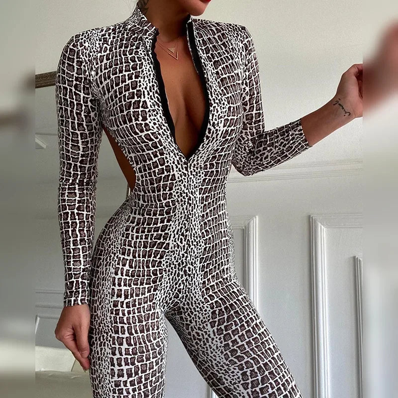 Jumpsuit – Snakeskin Print Backless – Polyester | KIMLUD