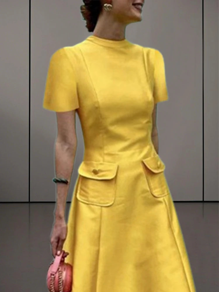 A-Line Dress – Pockets – Polyester – Yellow | KIMLUD