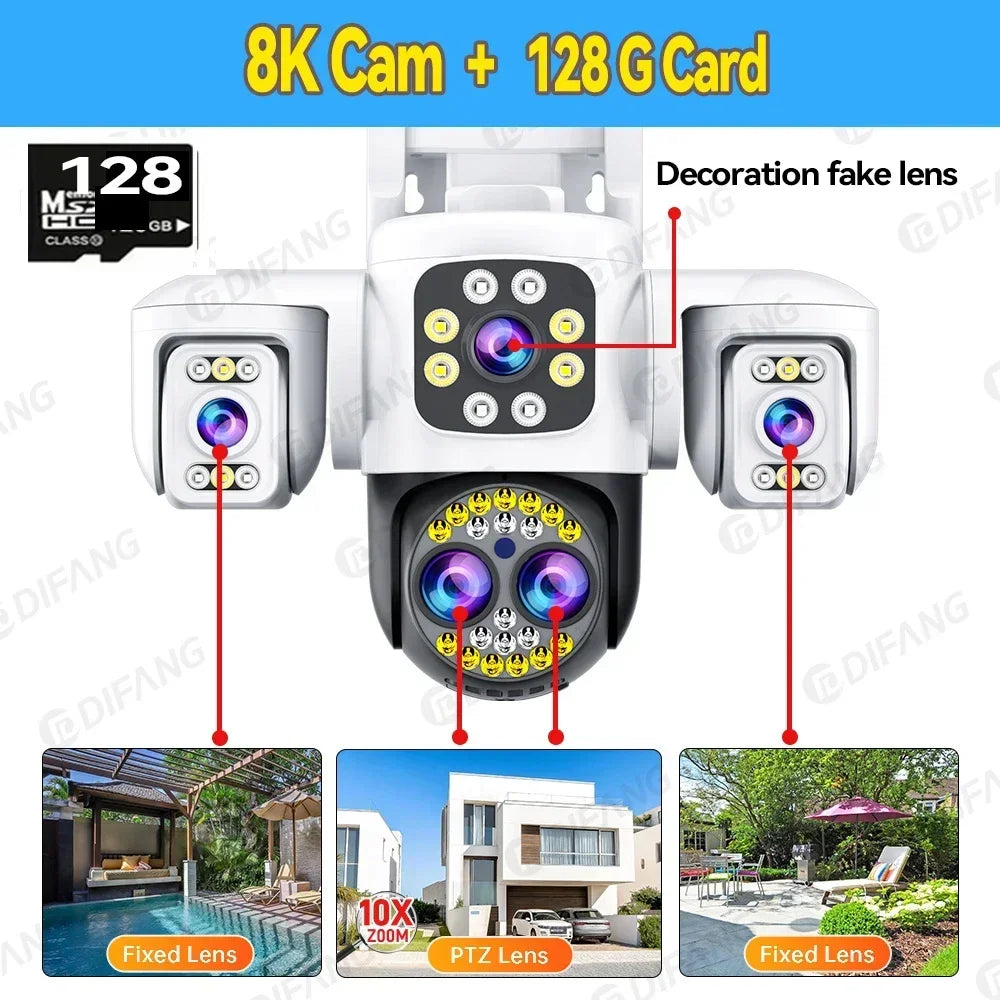 8K 16MP CCTV Wireless WiFi IP Camera Outdoor Four Lens Triple Screen Video Surveillance PTZ Yoosee Onvif Home Security Camera
