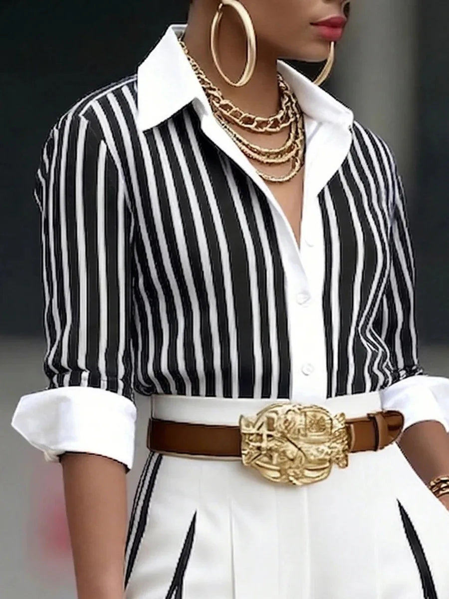 Silk Look Striped Two-Piece Set Belt — Black | KIMLUD