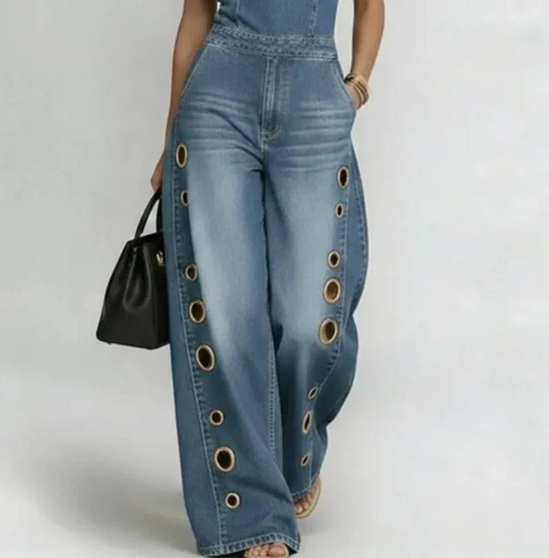 Denim Jumpsuit Sleeveless O-Neck Hollow Out Pockets — Solid Color | KIMLUD