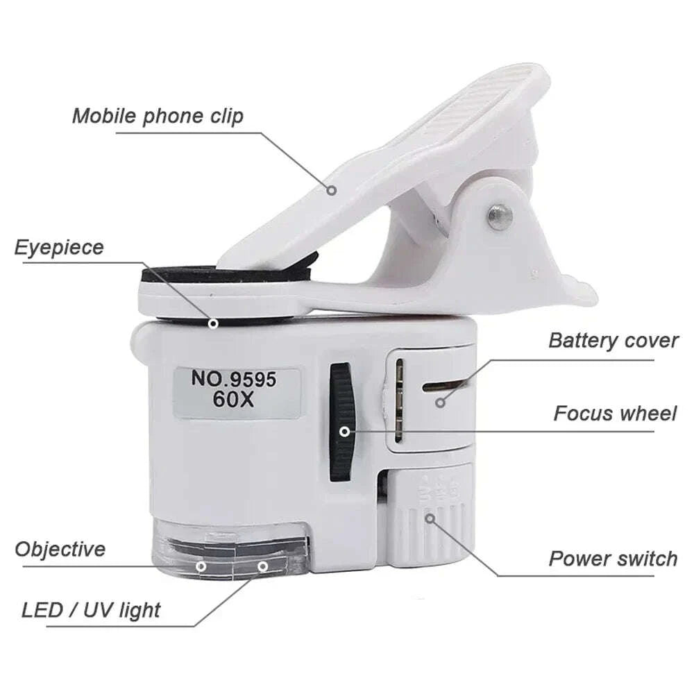 KIMLUD, Universal Clip Microscope LED Jewelry Magnifying Glass Focusing Adjusted Pocket Microscope with Cell Phone Clip UV Light 60X, KIMLUD Womens Clothes