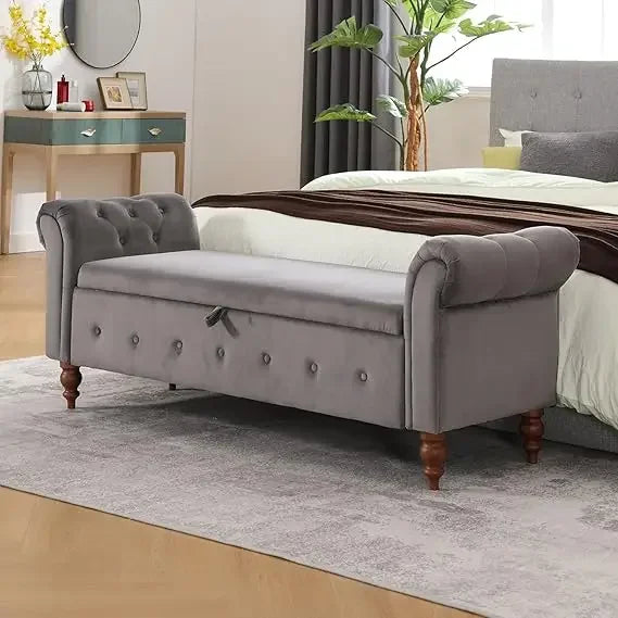 Velvet Storage Bench with Button for Entryway, Living Room63'' Storage Ottoman Bench for Bedroom, End of Bed Bench with Arms