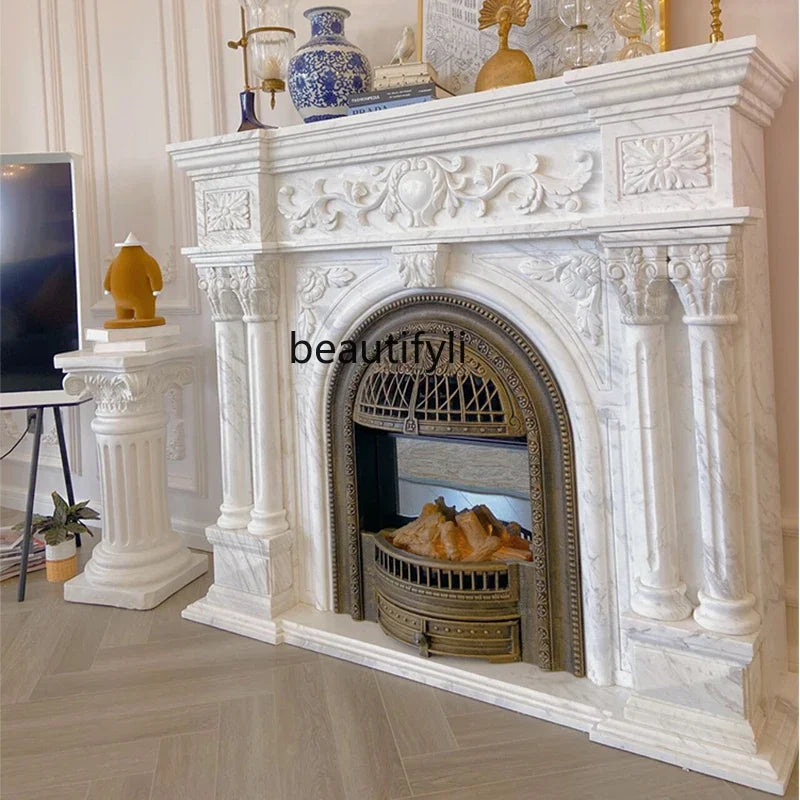 Marble Fireplace Stone Carving Living Room Decor — White | KIMLUD