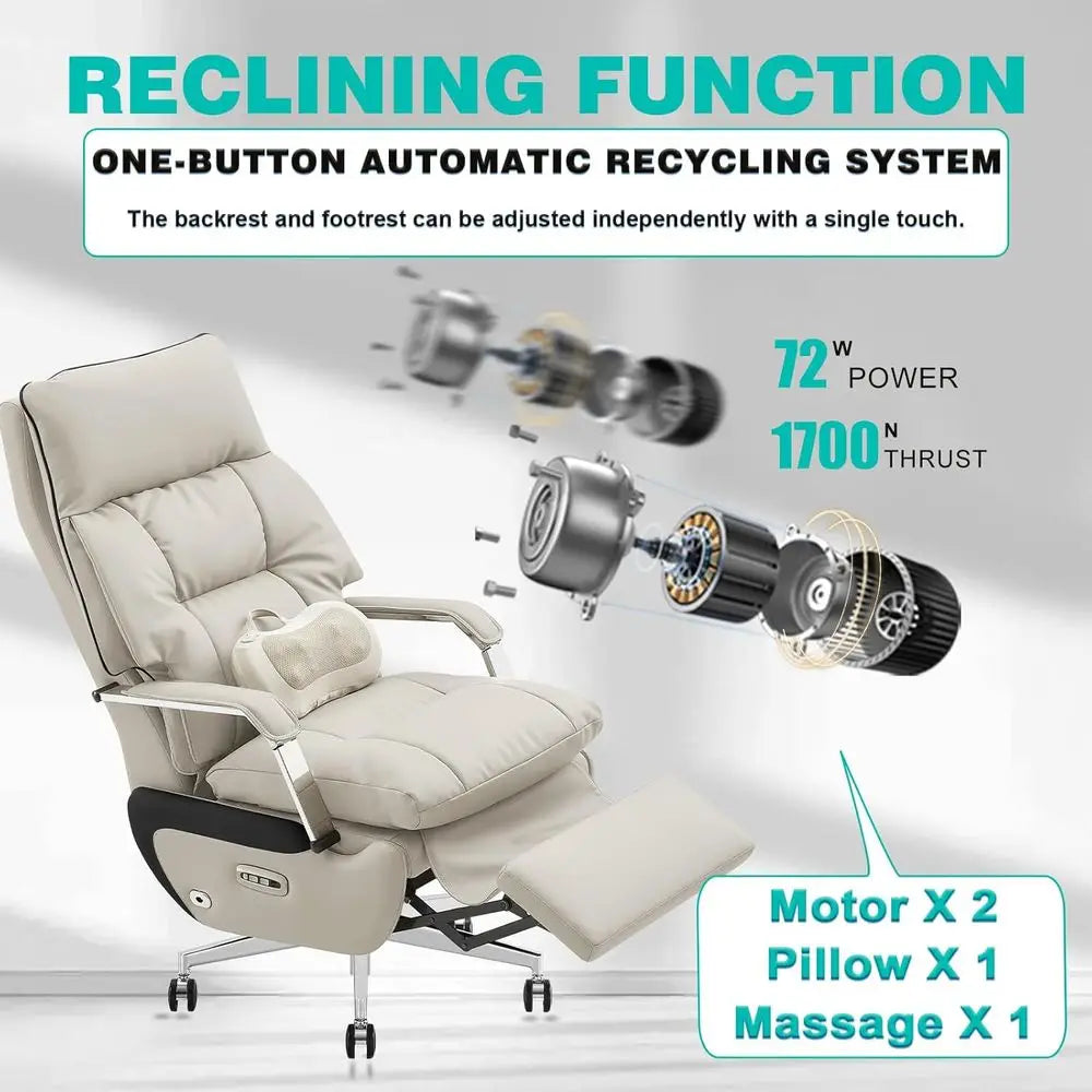 Executive Dual Motor Reclining Chair with Footrest, Massage & Pillow Support, Ergonomic PU Leather Desk Chair for Big and Tall,