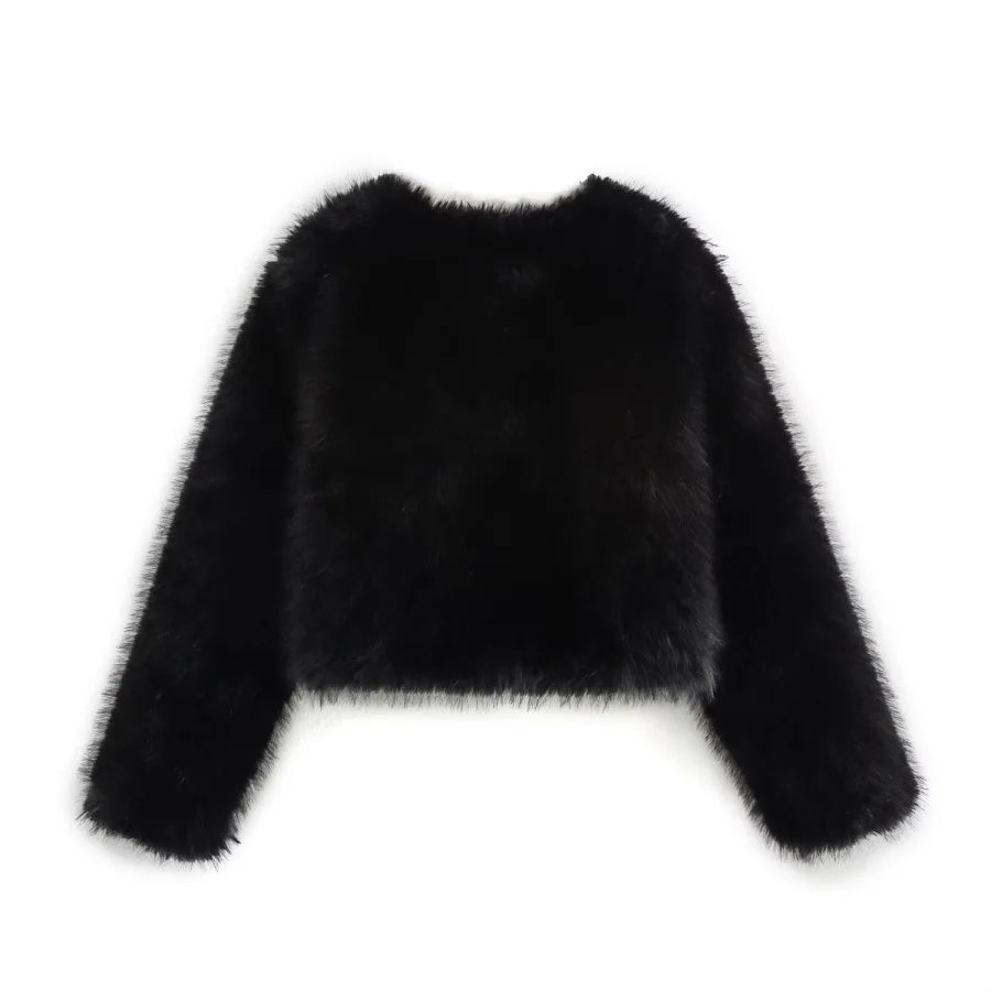 Faux fur jacket 2025 Fall/Winter New Fashion Women's Faux Fur Effect Round Neck Long Sleeve Short Jacket