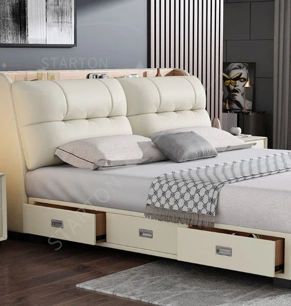 Pure White Nordic Style Oak Panel Queen Bed Frame Steel Frame Cama Modern Bed Queen Size Bed