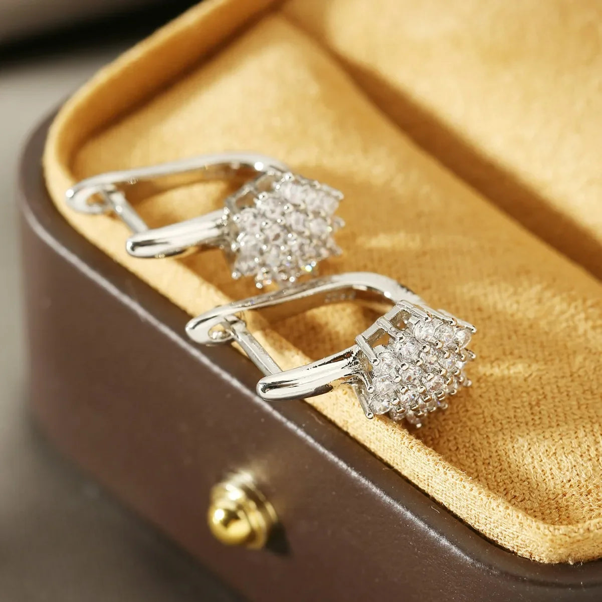 Stainless Steel Hoop Earrings U Shape Zircon Flower — Gold | KIMLUD