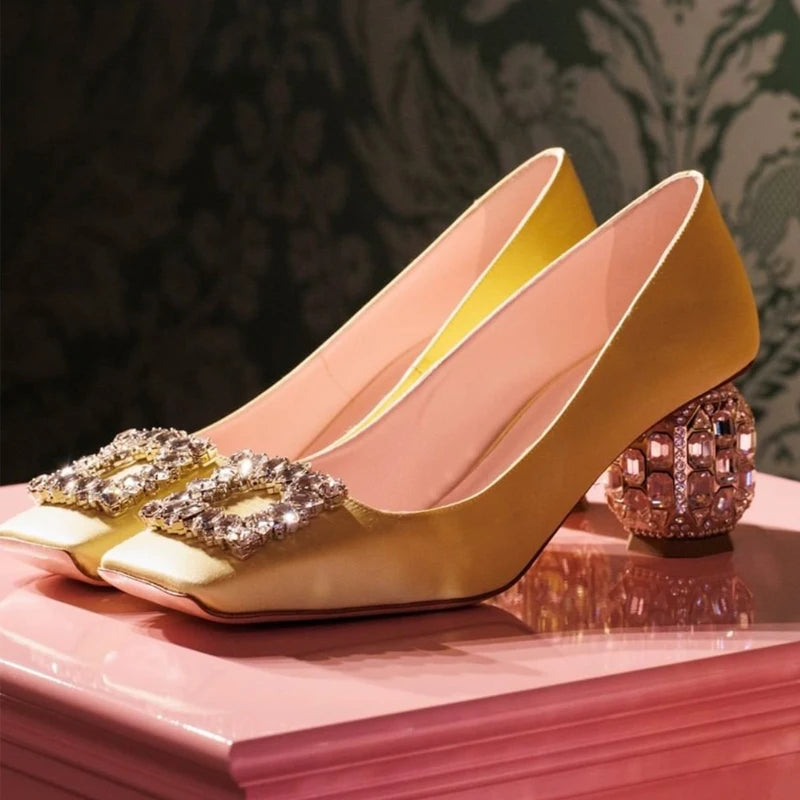 Satin Rhinestone High Heels Square Toe — Champagne | KIMLUD