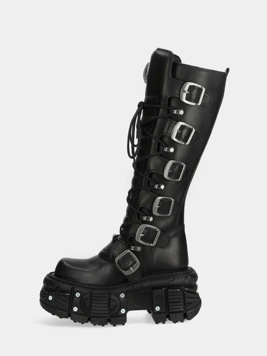 Belt Buckle Motorcycle Boots Knee High Rock Punk Round Toe Thick Bottom Leather Solid Color Fashion Sexy Women Shoes New