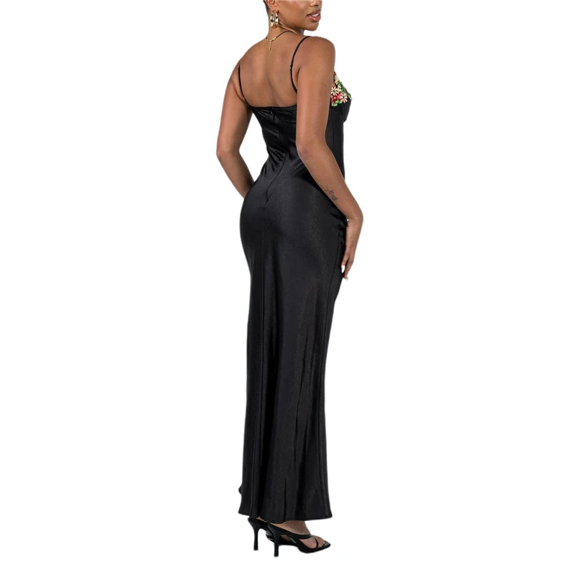 Floral Appliqué Satin Maxi Dress