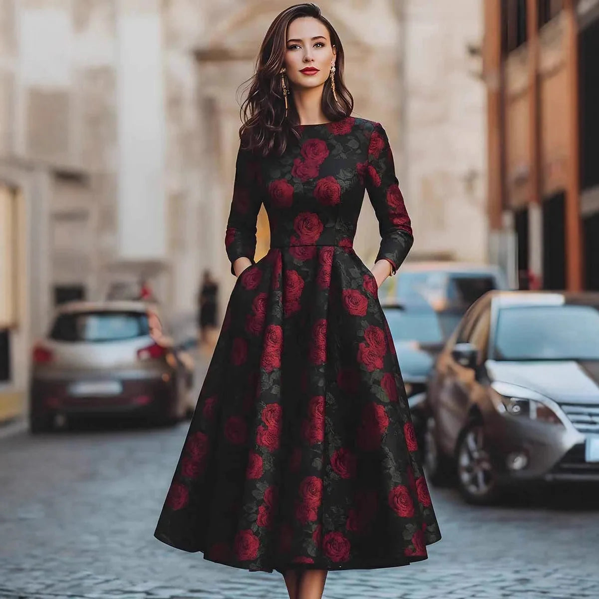 Dress Floral Print Polyester Regular Fit Multicolor | KIMLUD