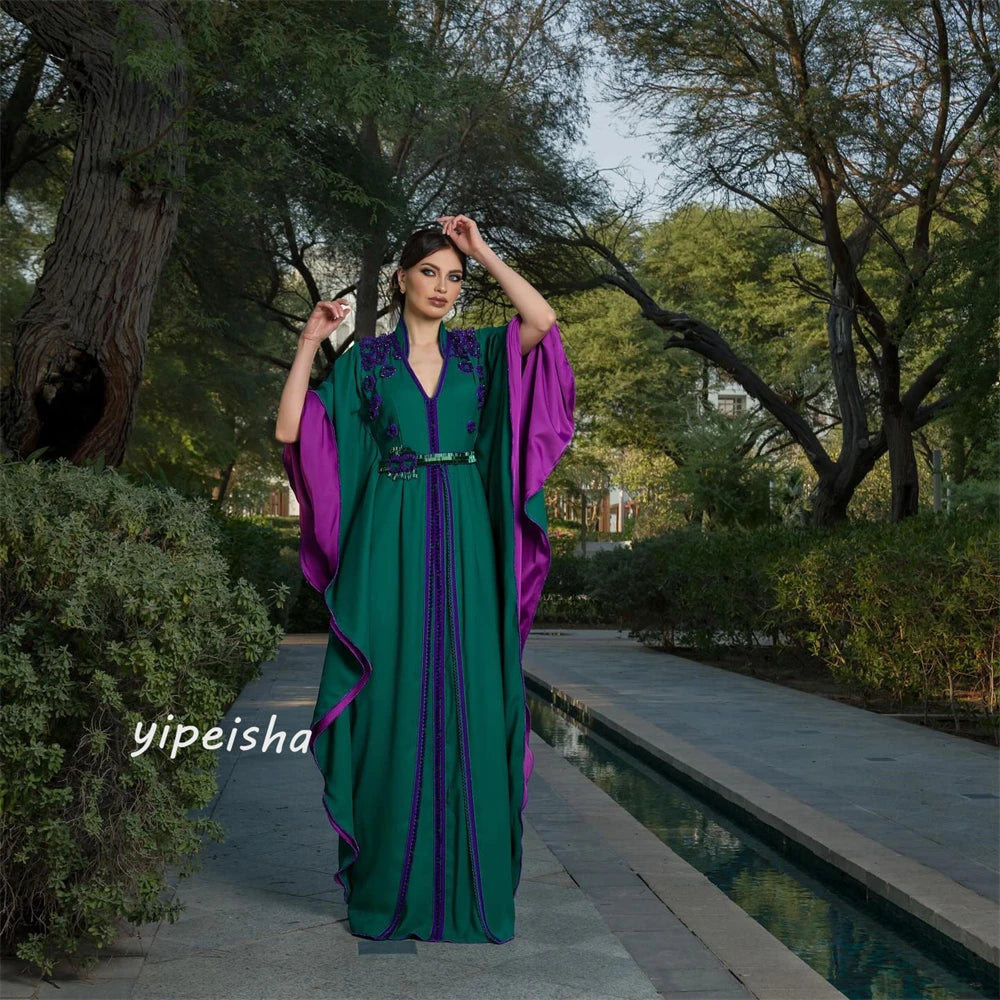 Customized Jersey Flower Sashes Ruched Wedding Party A-line V-neck Bespoke Occasion Gown Long Dresses