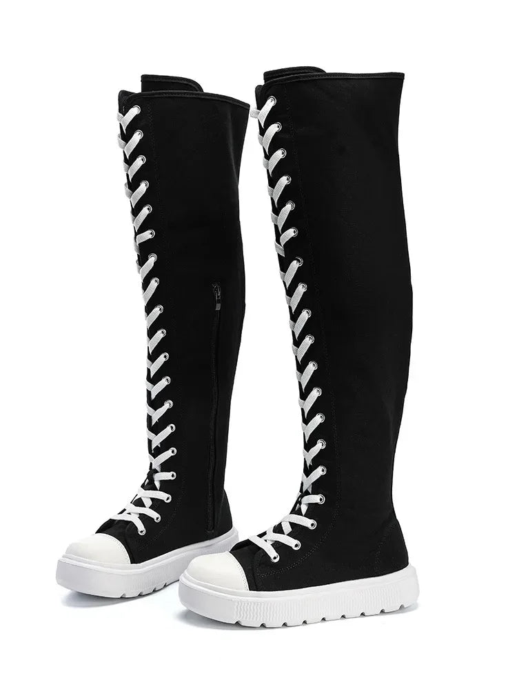 Plus Size Women's Canvas Boots Spring Autumn High Top Side Zipper Simple Long Tube over Knee Shoes Flat Heel Adult Footwear