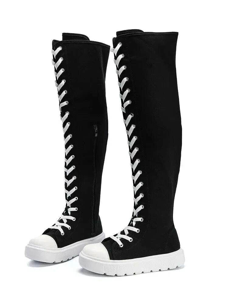 KIMLUD, Plus Size Women's Canvas Boots Spring Autumn High Top Side Zipper Simple Long Tube over Knee Shoes Flat Heel Adult Footwear, KIMLUD Womens Clothes