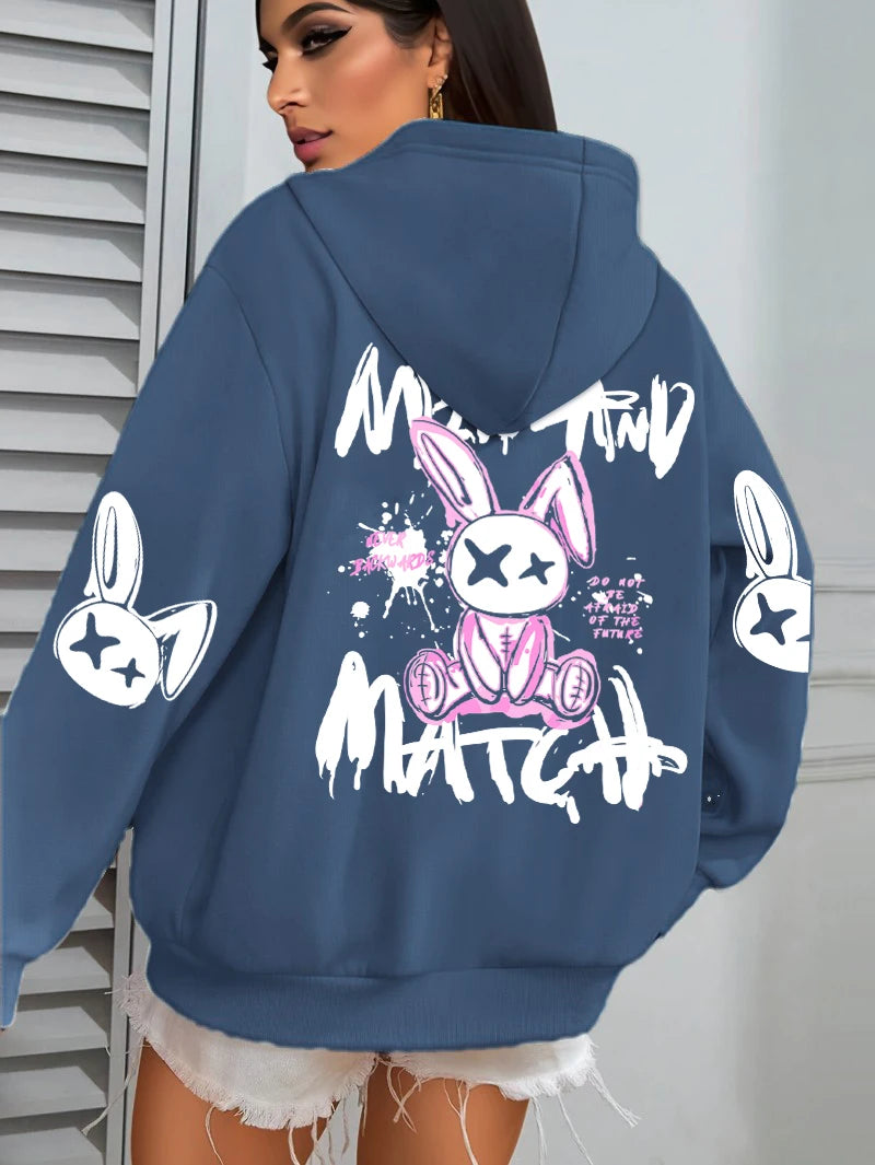 Hoodie – Cartoon Rabbit Prints – Loose Silhouette – Hooded | KIMLUD