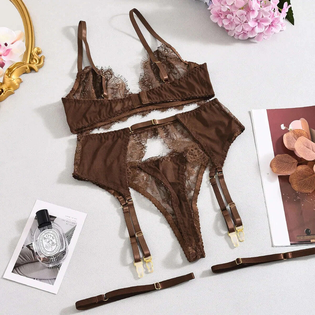 KIMLUD, Ellolace Elegant Lingeries Sexy Hot Exclusive Coffee Bra Belt Thong 3PC with Leg Circles Cute Intimate Lace Tempted Tipsy Set, KIMLUD Womens Clothes