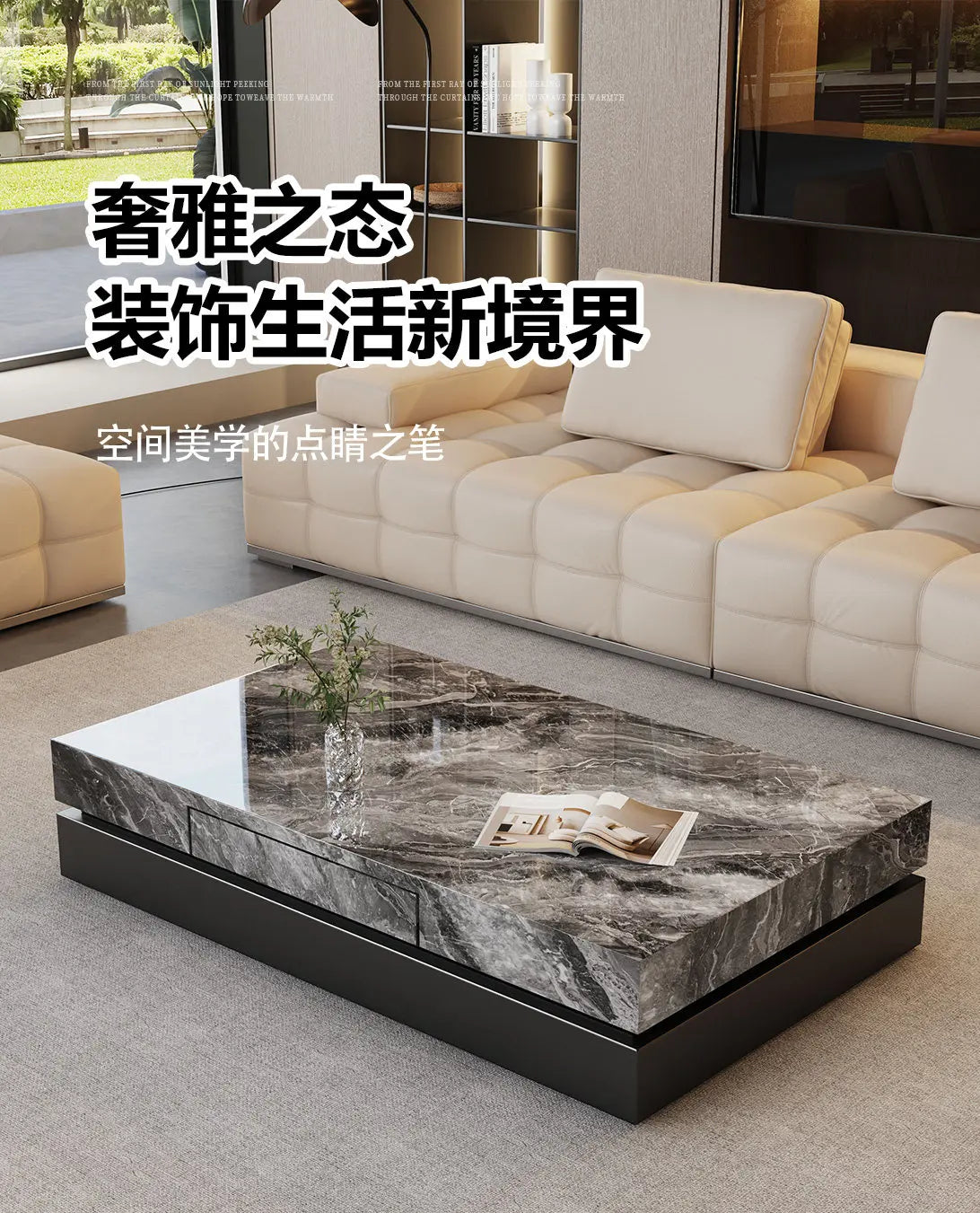Italian Minimalist Coffee Table Rock Slab Countertop — Charcoal Gray | KIMLUD