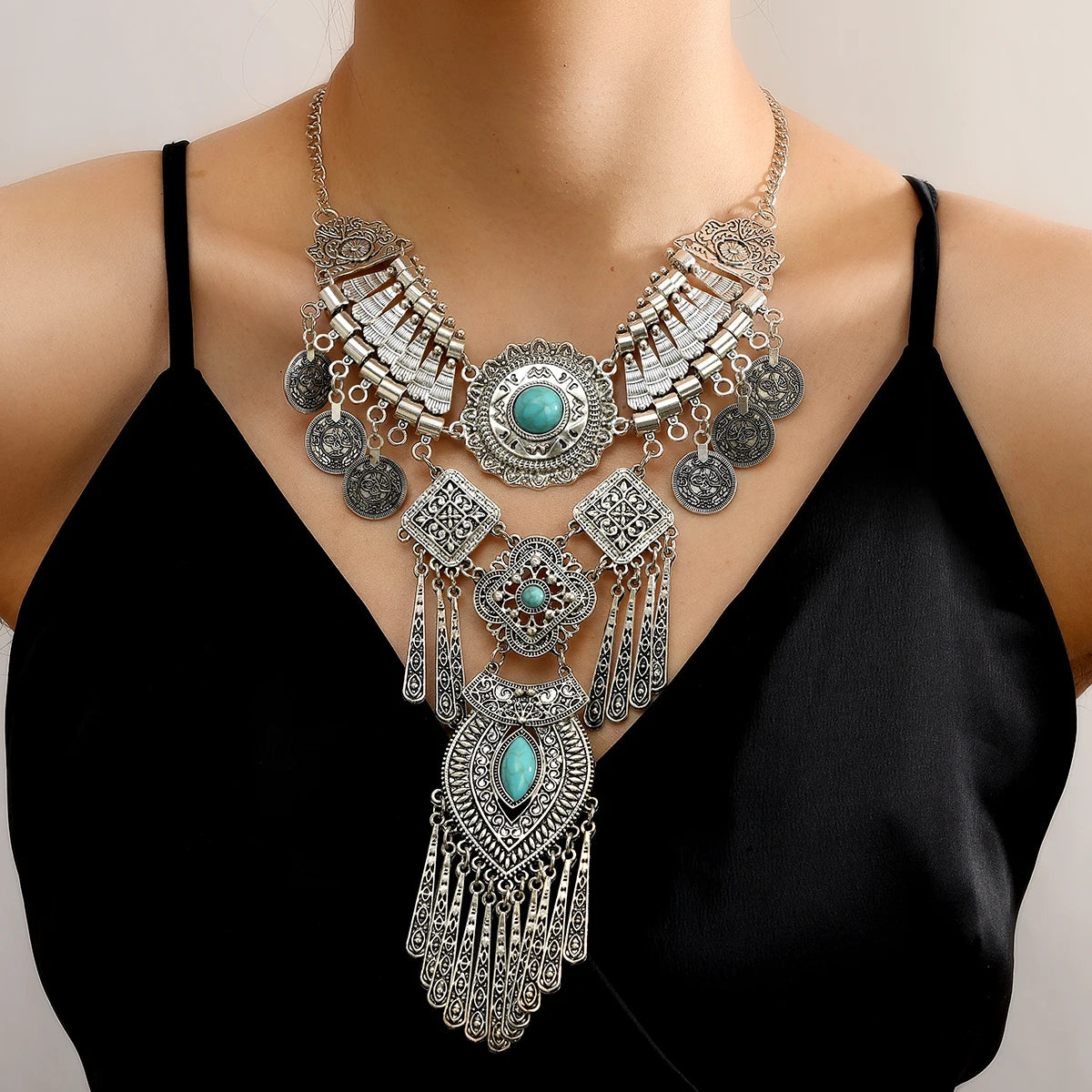 Necklace – Exaggerated Coin Wing Tassel Pendant – Zinc Alloy | KIMLUD