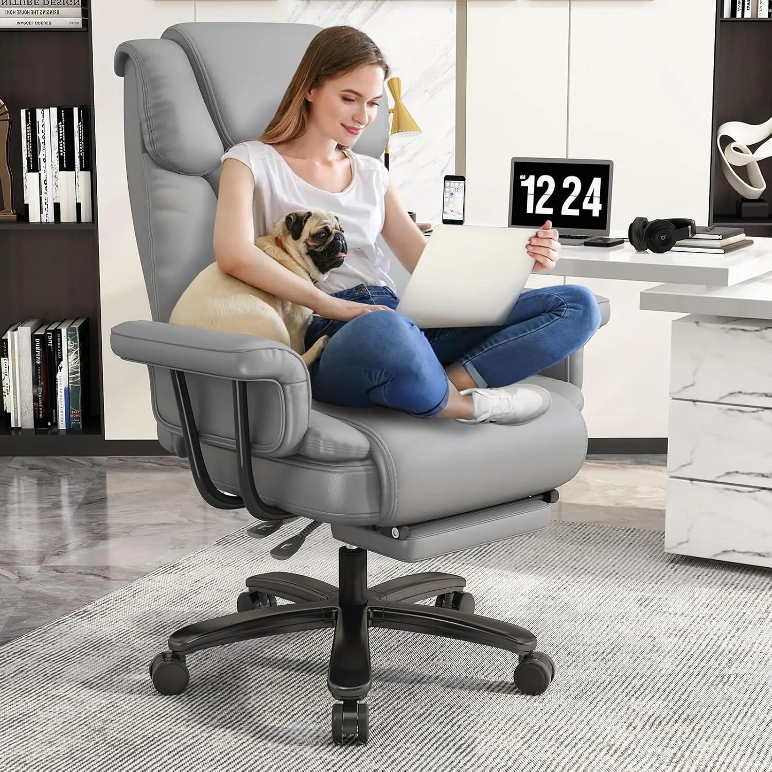 Criss Cross Chair with Wheels, 160°Big and Tall Reclining Office Desk Chair with High Back, Wide Seat, Arms, Footrest, Grey