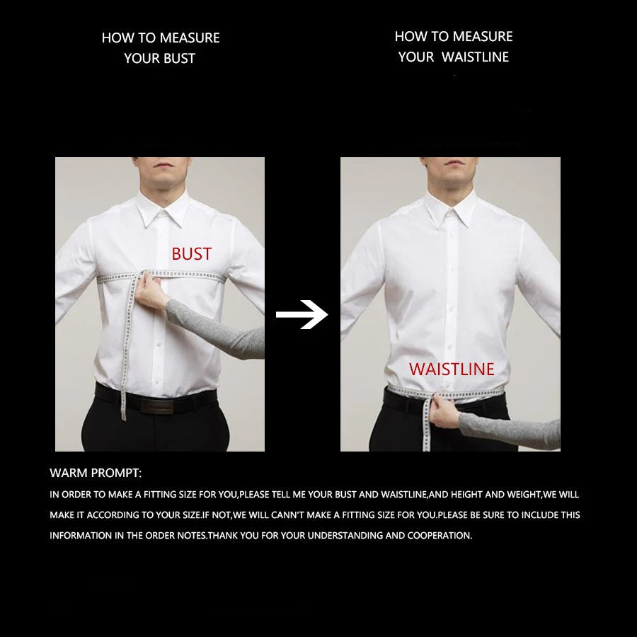 Instructions on how to measure bust and waistline with a person wearing a white shirt.