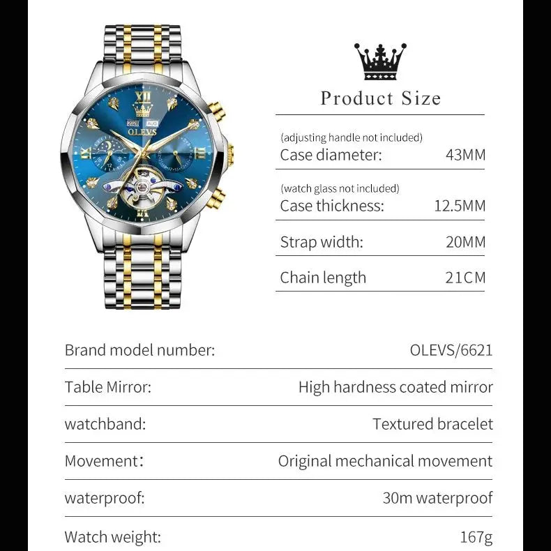 OLEVS 6621 Men Watch Top Brand Moon Phase Watch for Men Dual Calendar Display Original Watches NEW