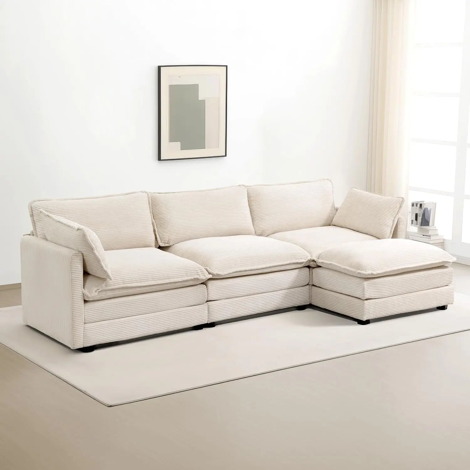 Corduroy Sectional Sofas With Movable Ottoman — Gray | KIMLUD