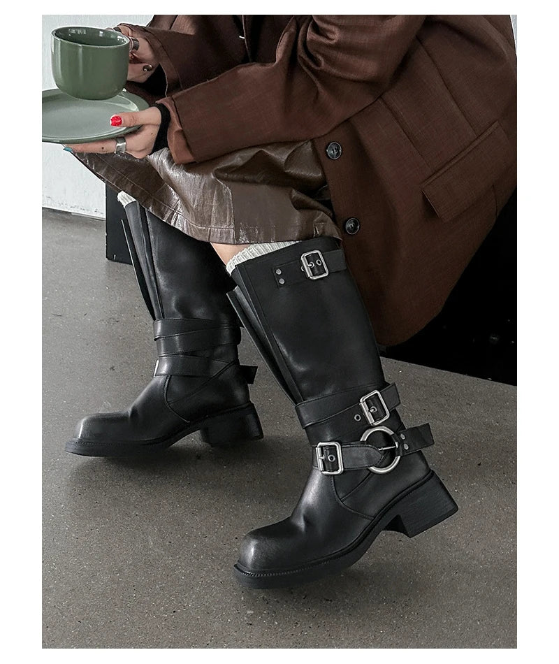 Women's Boots Half High Square Toe Footwear Brown Biker Shoes For Woman Mid Calf Middle Heel Comfortable And Low Price Pu Goth