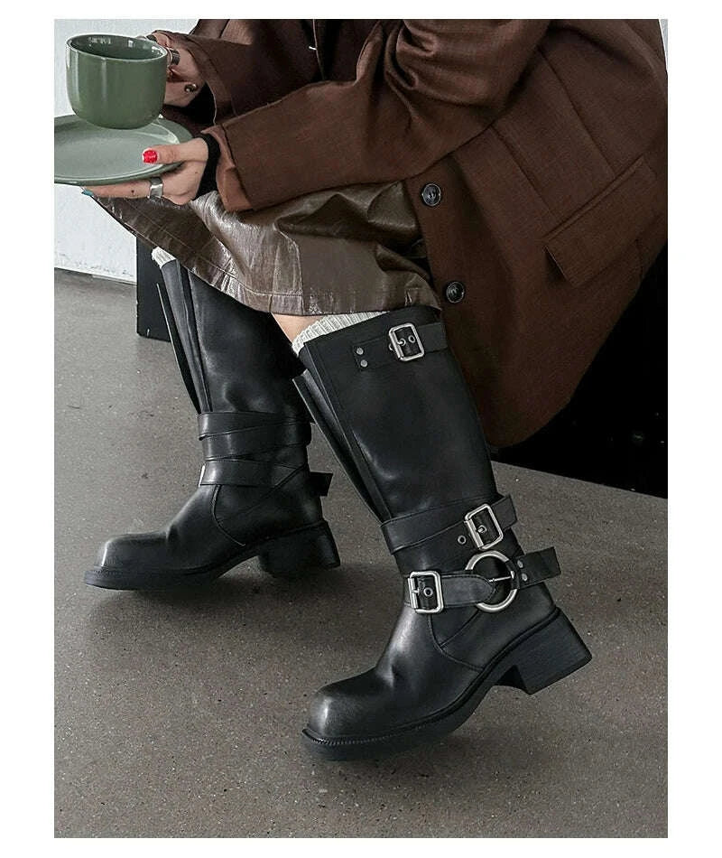 KIMLUD, Women's Boots Half High Square Toe Footwear Brown Biker Shoes For Woman Mid Calf Middle Heel Comfortable And Low Price Pu Goth, KIMLUD Womens Clothes