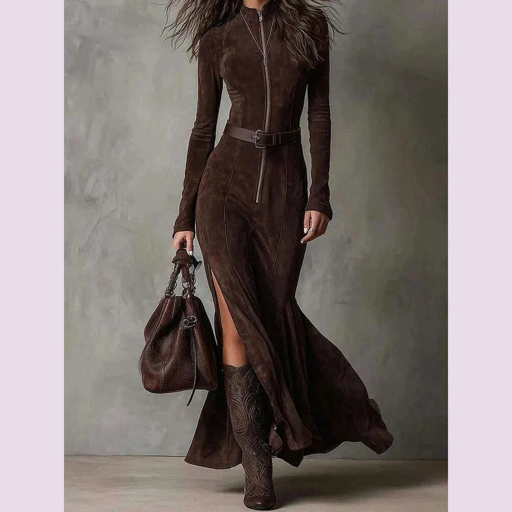women-elegant-belt-lace-up-solid-party-dress-casual-long-sleeve-slim-fit-maxi-dress-fashion-o-neck-split-zipper-suede-long-dresskimlud-womens-fashion-34621143
