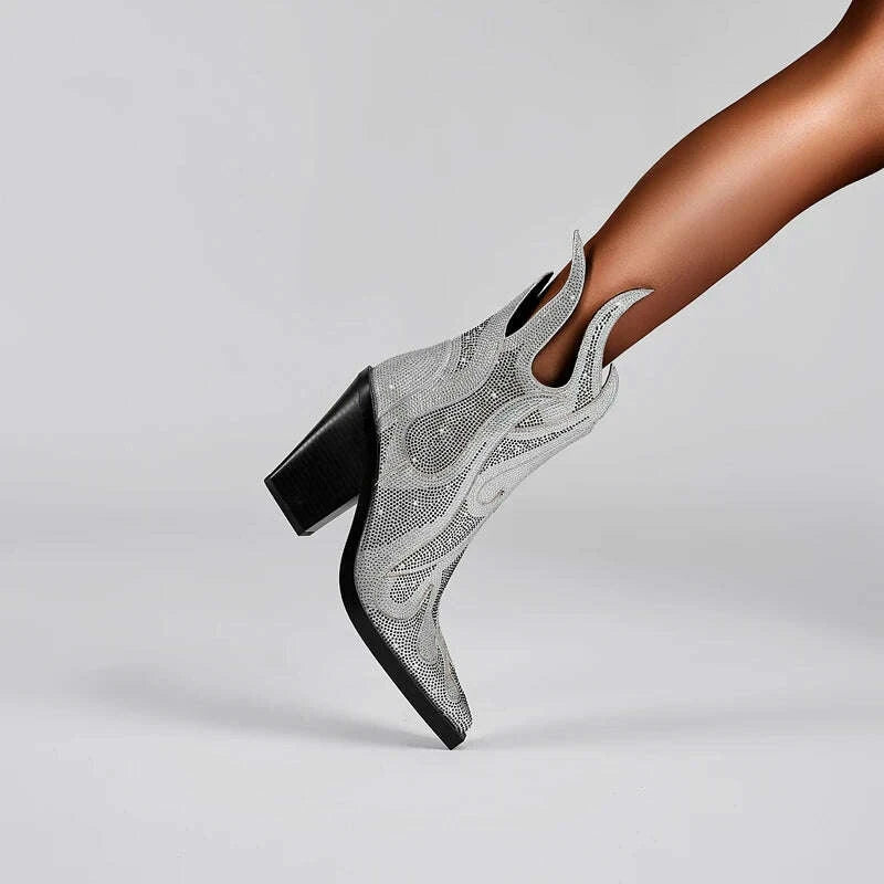 KIMLUD, Women's new spring and autumn pointed fashion show rhinestone high heels, plus size zipper calf fashion boots, KIMLUD Womens Clothes