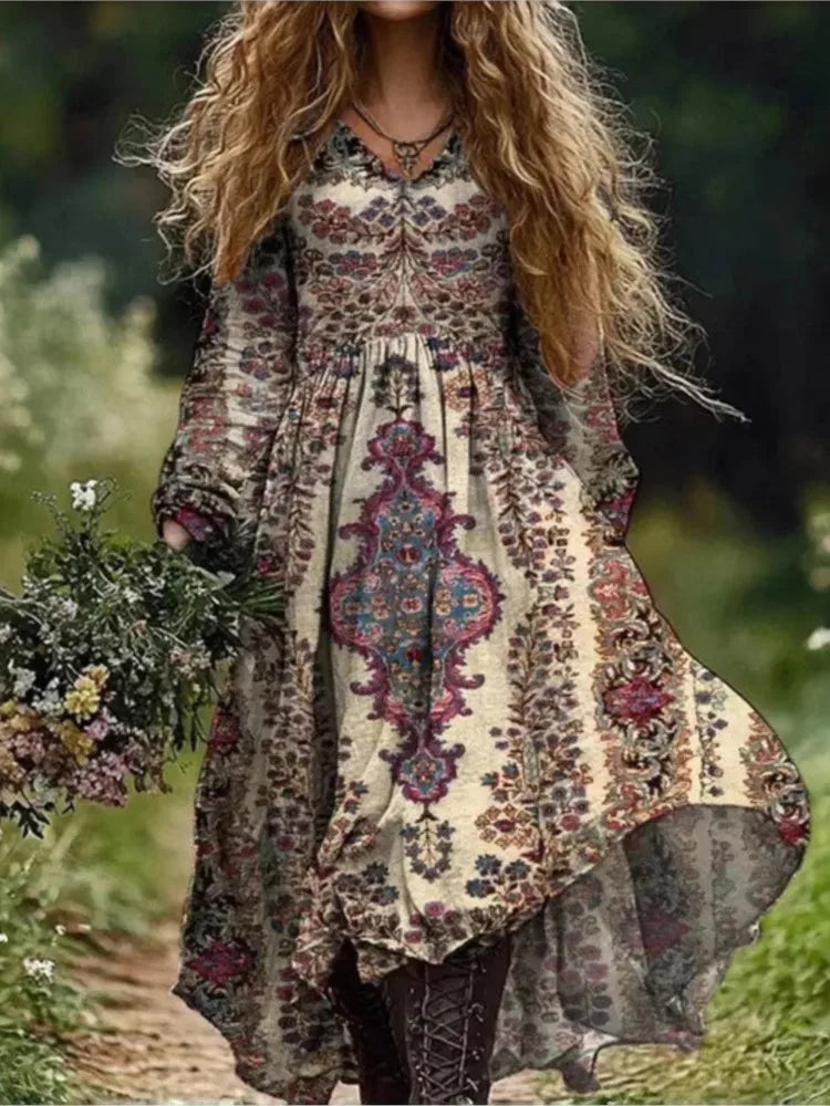 Boho Vintage Print Long Dresses For Women 2025 Casual V Neck Full Sleeve Splice High Waist Loose Dress Autumn Fashion Vestidos