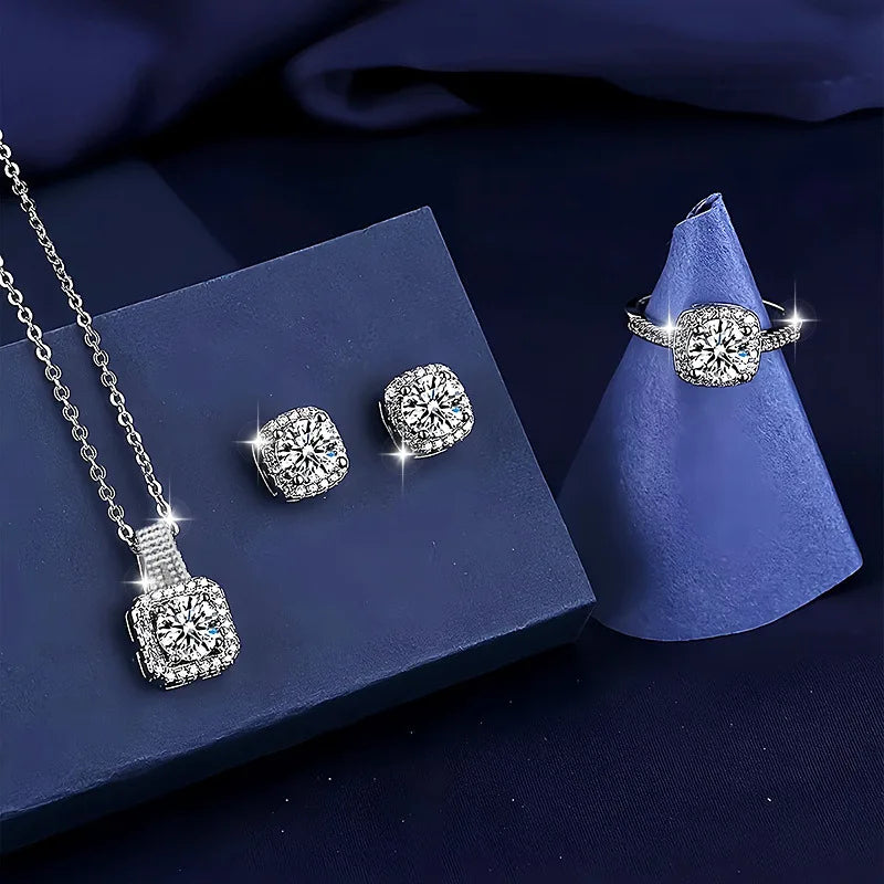 Silver-Tone Jewelry Set — Diamond Halo Necklace Earrings Ring — Silver | KIMLUD