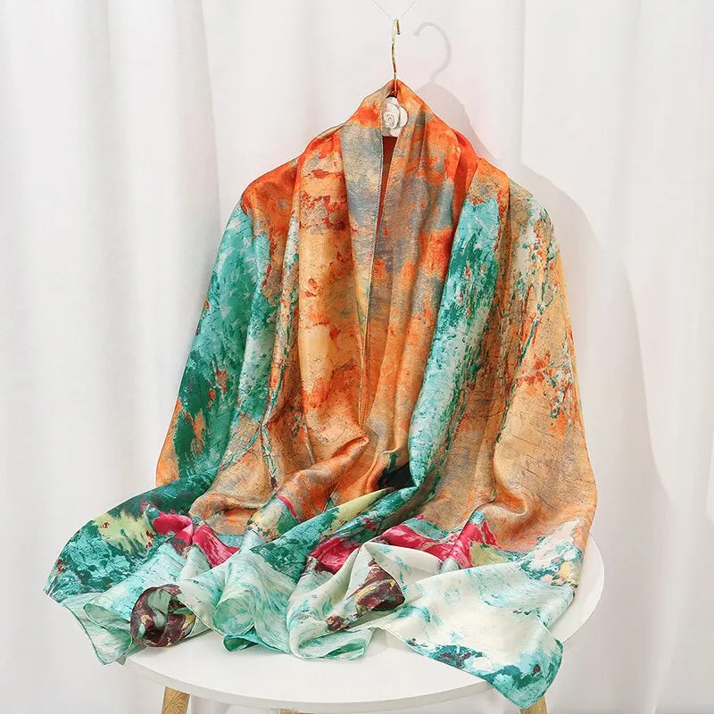 Brocade Satin Printed Shawl Cape With Couture Draping And Sun Protection — Multicolor | KIMLUD