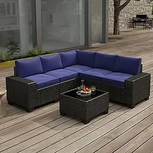 Wicker Patio Set 6-Piece With Wide Armrests — Navy | KIMLUD