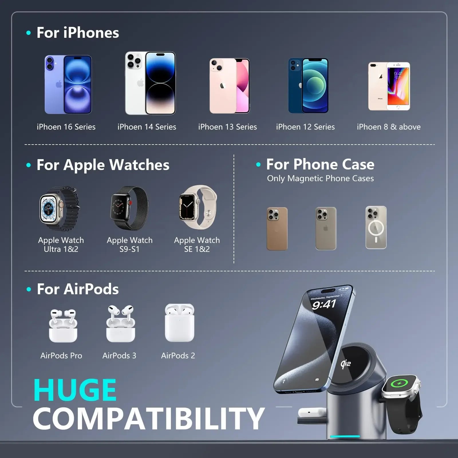 Qi2 3 in 1 Magnetic Wireless Charging Stand with Auto Rotation, Metal Body for IPhone 16 15 14 13 12 & Apple Watch&Airpods