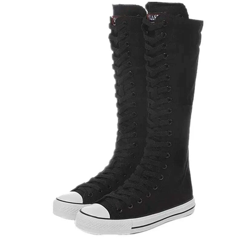 KIMLUD, Canvas Long Boots for Women High Top Women Canvas Shoes Lace Up Knee High Boots Flats Casual Vulcanized Shoes Sneakers Girls, KIMLUD Womens Clothes