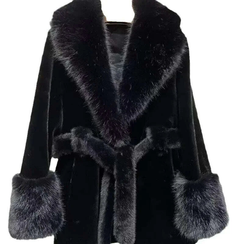 KIMLUD, Luxury Vintage Faux Fur Coat Women Fur Collar Long Sleeve with Belt Oversized Fur Jacket Warm Thick Winter Cardigan Lady's Coats, KIMLUD Womens Clothes