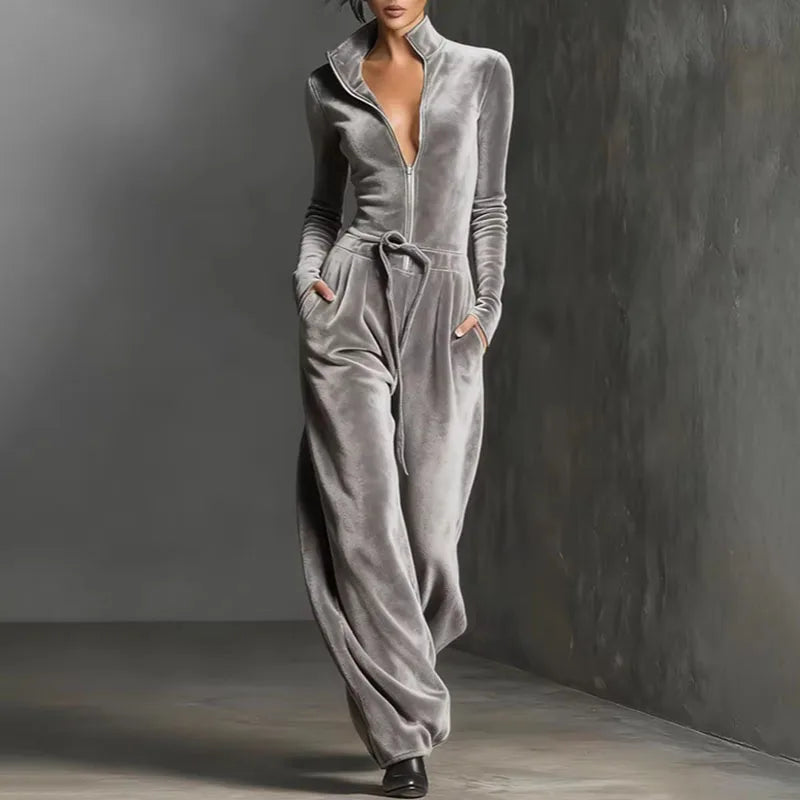 Jumpsuit – Half Zip Stand Collar Drawstring Waist – Velvet | KIMLUD