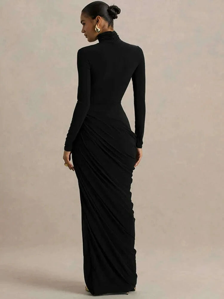 KIMLUD, Mozision Turtleneck Long Sleeve Sexy Maxi Dress Women Elegant Autumn Winter High Waist Ruched Thigh High Split Club Long Dress, KIMLUD Womens Clothes