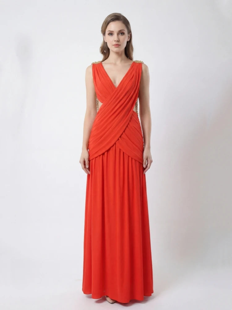 Sexy V Neck Folds Mesh Patchwork Long Dress Women Elegant Sleeveless Ruched Chain Slim Red Dresses Celebrity Evening Party Gowns