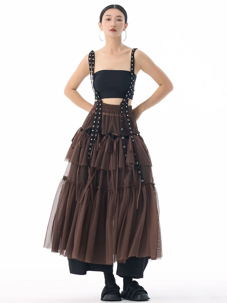 Midi Skirt - High Elastic Waist - Cotton Polyester - Coffee | KIMLUD