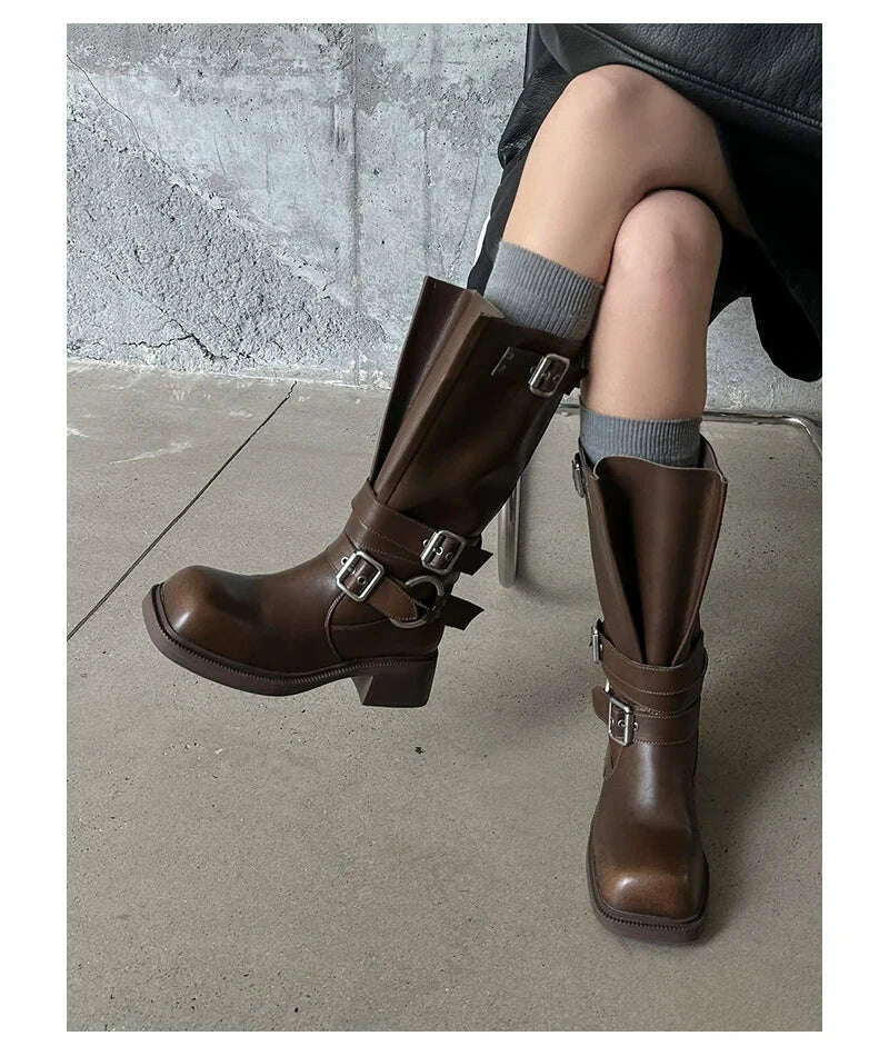 KIMLUD, Women's Boots Half High Square Toe Footwear Brown Biker Shoes For Woman Mid Calf Middle Heel Comfortable And Low Price Pu Goth, KIMLUD Womens Clothes