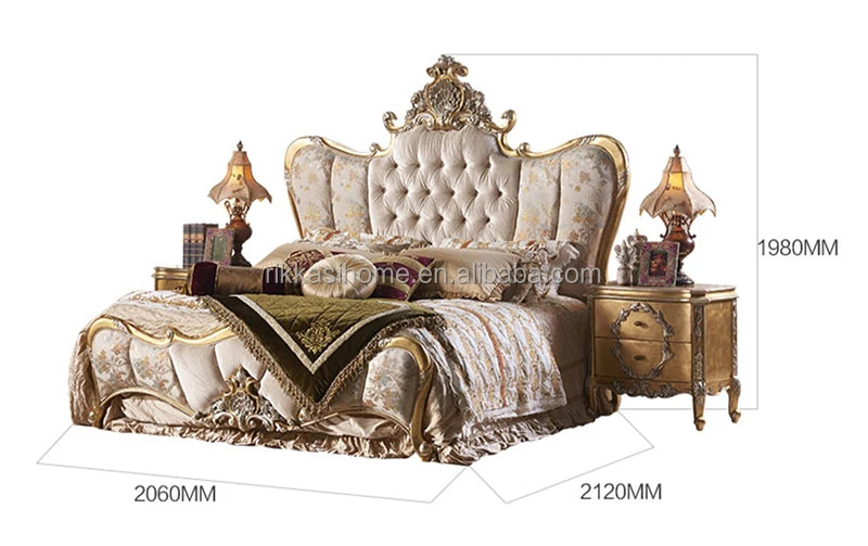 French Rococo Design Home Bedroom Gold Leaf Carving King Size Bed European Classic Luxury Golden Wooden Bedroom Furniture
