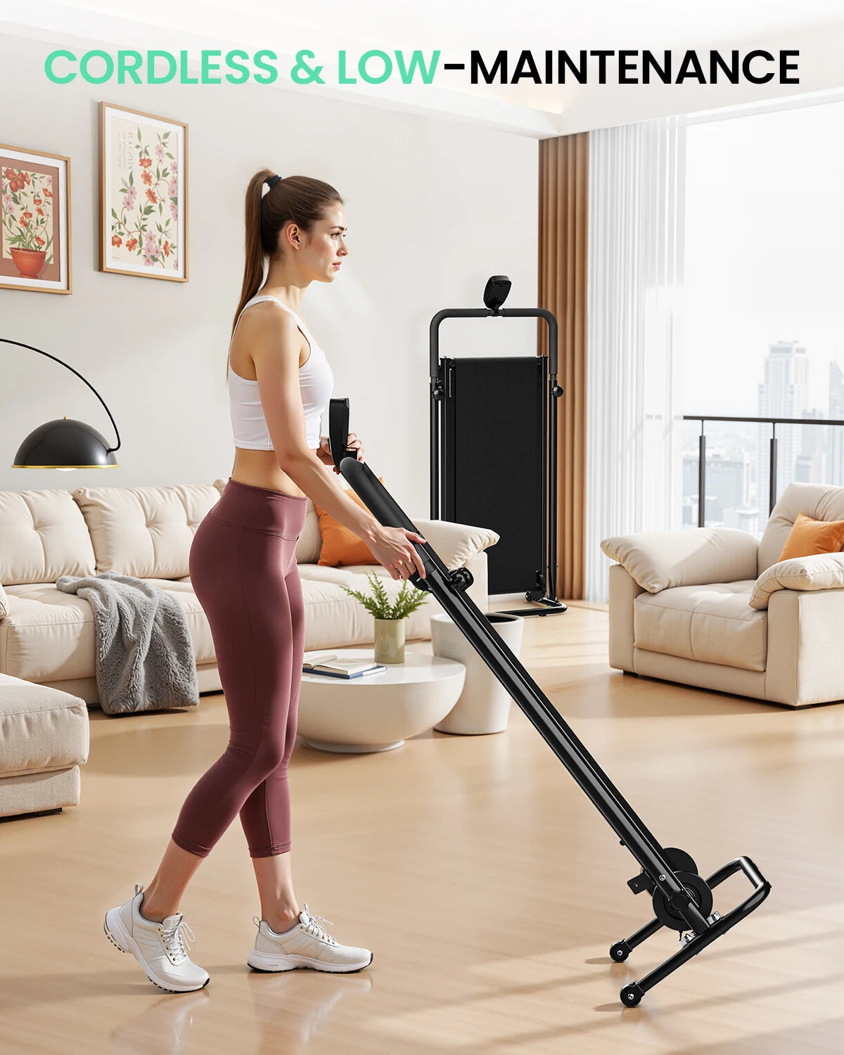 Motorless Treadmill Dual Flywheels LCD Monitor Non Slip Belt Fixed Incline — Black | KIMLUD