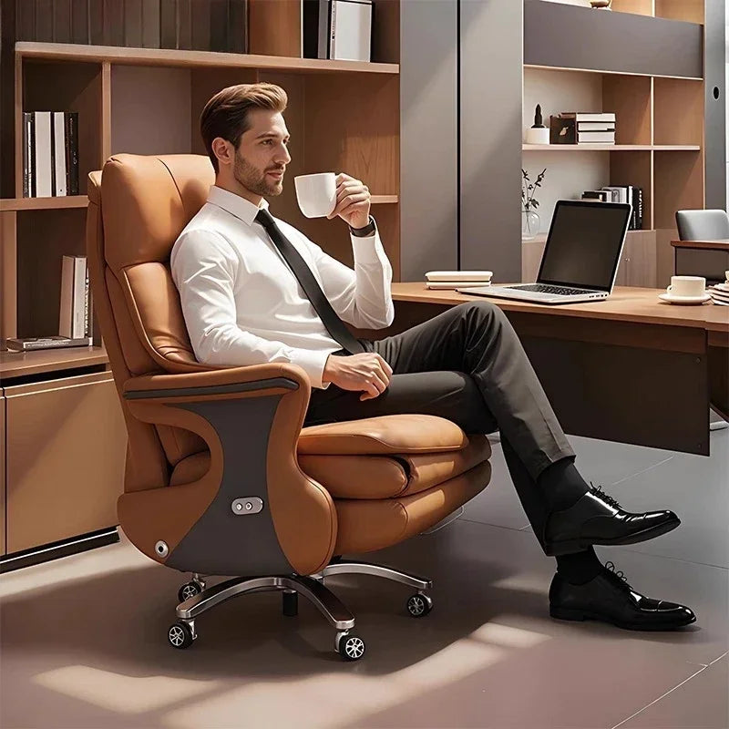 Leather Ergonomic Reclining Gaming Chair — Camel | KIMLUD