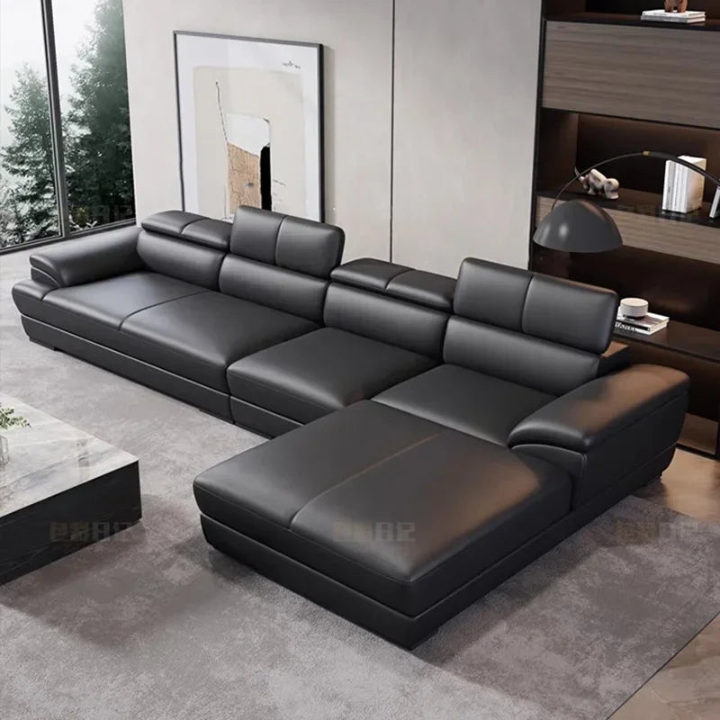 Minimalist Sectional Sofa Modular Design With Cowhide Accents — Charcoal Black | KIMLUD