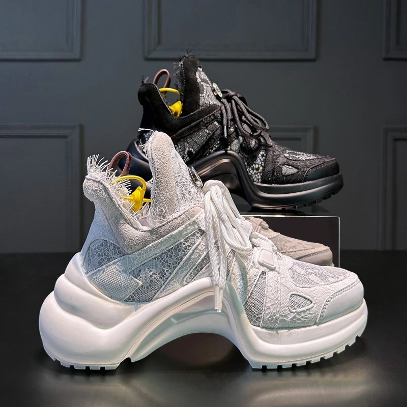 Lace-Up Sneakers Thick Sole City-Stride Comfort For Daily Urban Walks And Elevated Pace — White | KIMLUD